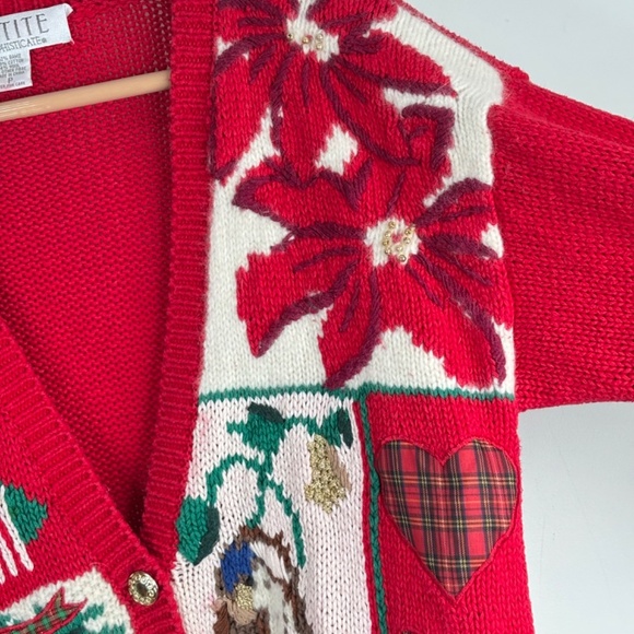 VTG 90s Xmas Cardigan P Patchwork Ugly Christmas Sweater Granny Bird Poinsettia - Picture 5 of 11